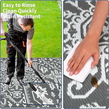 Waterproof Outdoor Rug 9x18 Reversible Plastic Straw Patio Rug, Stain-Resistant Vintage Medallion Carpet, Large Indoor Outdoor RV Mat for Deck, Camping, Balcony, Grey White