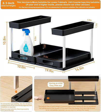 Yieach 2 Pack Under Kitchen Cabinet Storage,14.5 Inch Deep Black Under Sink Storage Rack for Apartments and Small Space,Two Tier Undersink Pull Out Organizer Drawers & Bathroom Cabinet Organization