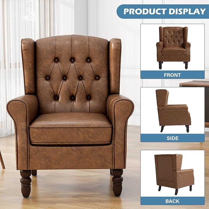 UIXE Faux Leather Accent Chairs Set of 2, High Back Upholstered Armchair for Living Room, Wingback Tufted Arm Chair Comfy Single Sofa Bedroom Reading Seat with Solid Wood Legs - Brown