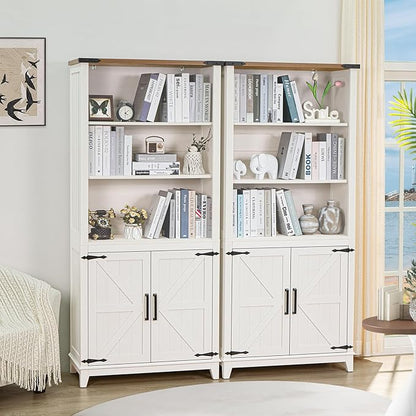 70in Tall Bookshelf 5 Tier Bookcase with Barn Doors and Storage Cabinet, White Farmhouse Book Shelf with Adjustable Shelves, Wood Freestanding Display Bookshelves for Bedroom, Kitchen (3PCS)