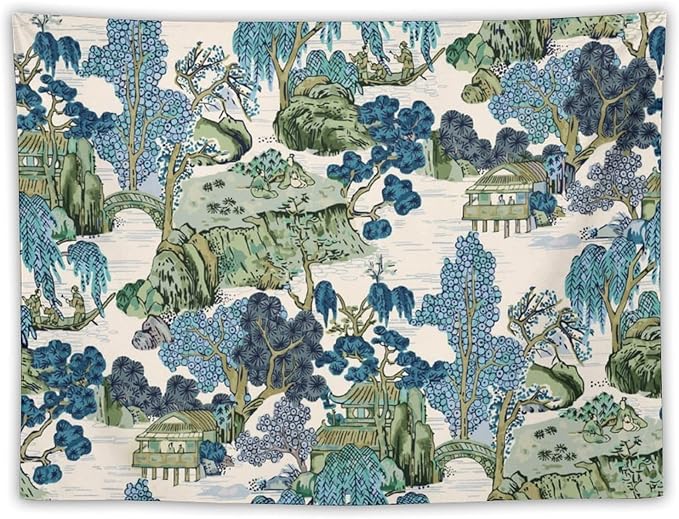 Chinoiserie Tapestry,Asian Watercolor Abstract Art Tapestry,Asian Japanese Wall Tapestry, Nature Landscape Tapestries for Bedroom Living Room Decor 60"x40"