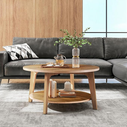 Sweetcrispy Round Coffee Table, 36'' Wood Coffee Tables for Living Room with Storage, 2-Tier Center Circle Counter with Wooded Desktop, 50 lbs Capacity, Anti-Slip Feet, Modern Farmhouse Design, Brown
