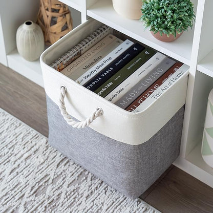 OrganiHaus 13x13 Cube Storage Bins 4 Pack, Foldable Cube Storage Organizer w/ Rope Handles, Collapsible Fabric Bins for Toys, Clothes & Closet Organization, Fabric Square Baskets - Gray/White