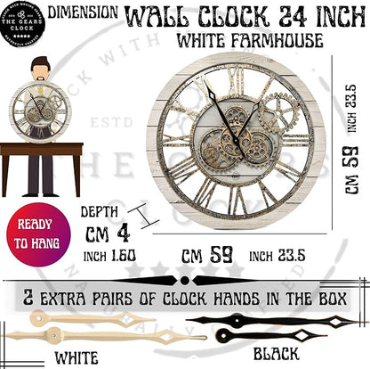 The Gears Clock The Original Real Moving Gear Wall Clock Vintage Industrial Oversized Rustic Farmhouse (24 inch (60cm),White Farmhouse)