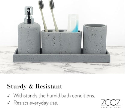 ZCCZ -Beige Bathroom Accessories Set 4 Pcs - Toothbrush Holder, Soap Dispenser, Vanity Tray, Bathroom Tumbler - Countertop Vanity Organizer - Bathroom Accessory Set- Toothbrush Holder Set, Stone Sets