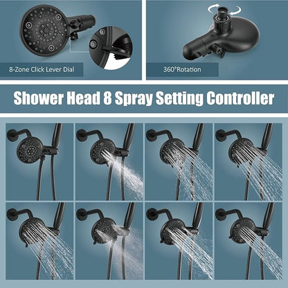 Aolemi Tub Shower Faucet Set with Tub Spout Rain Shower Head System Shower Trim Kit Pressure Rough-in Valve Included ABS 8 Setting Dual Shower Head and Handheld Spray Matte Black