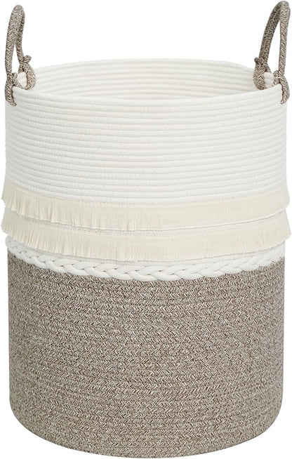 danpinera 79 L Large Laundry Basket, Tall Woven Cotton Storage Hamper with Handles, Dirty Clothes Hamper in Bathroom, Decorative Storage Basket for Living Room White & Brown