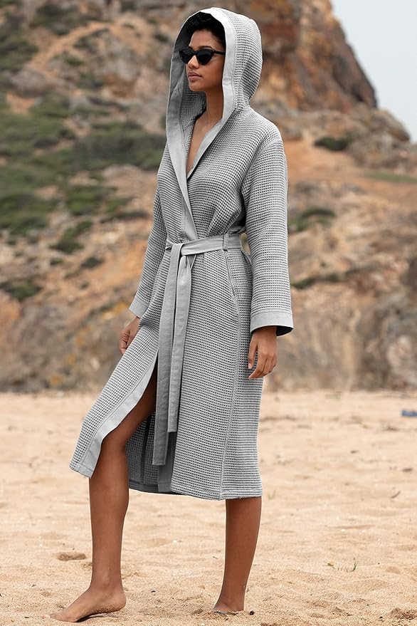 Women’s Luxury Waffle Shawl Collar, Hooded Robe w Piping – Lightweight, Long, Ultra Soft Spa Sleepwear Bathrobe