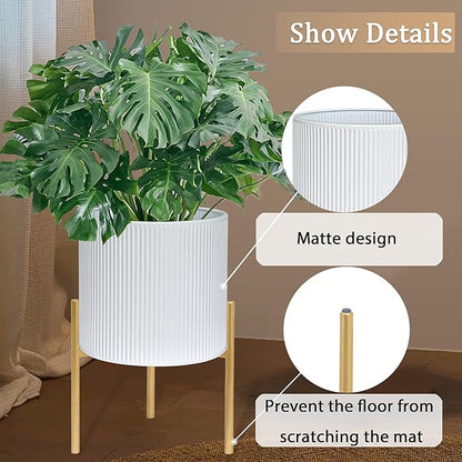 ARNIS Modern Planter Pots, Set of 2 Round Large Planters with Stand, Decorative Floor Planters, Metal Pots with Drainage Holes for Living Room, Office, Garden or Balcony, 8.25 &10.5 Inch, White & Gold