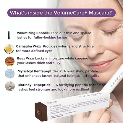 VolumeCare+ Mascara For Older Women - Extreme Length and Volume 2-in-1 Formula - No Clumps, Long-Wearing, Hypoallergenic Mascara For Sensitive Eyes (Dark Brown)