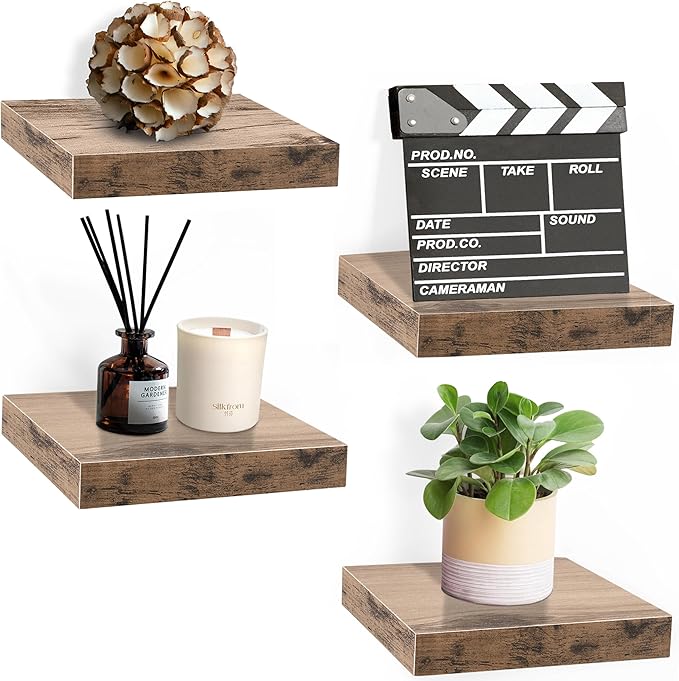 Sorbus Square Floating Shelf for Wall - 4 Small Shelves with Invisible Mounting Brackets for Living Room Decor, Bedroom, Bathroom Decor, Home & Kitchen - 9" Wall Shelf to Display Photos Trophies