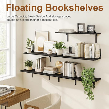 Black Floating Shelves 40"W x 12"D, Deep Wall Shelves with Brackets for Books, Plant, 12 Inch Deep Bathroom Shelf Set of 2, Large Floating Shelf for Living Room, Bedroom, Kitchen, Set of 2