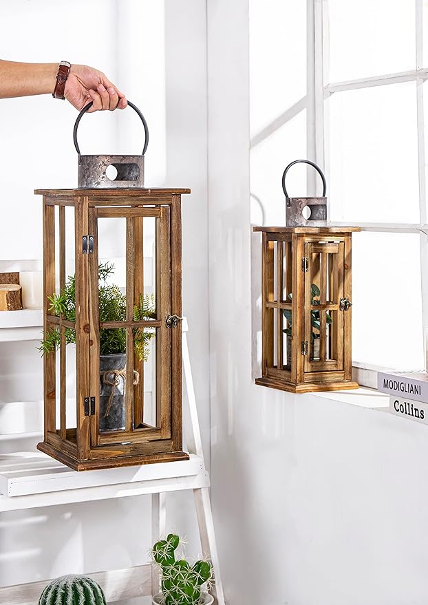 TIMRIS Large Farmhouse Wooden Metal Lantern Set of 2, Rustic Decorative Floor Candle Lanterns, Vintage Distressed Hanging Lanterns for Home Décor (No Glass)