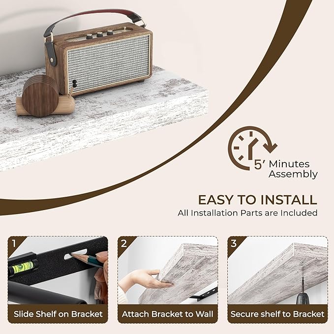 RICHFOCUS 55Inch Floating Shelves for Wall 2 Pack Shelves for Bedroom|Kitchen|Bathroom Wall Mounted Rustic Distressed Wood Floating Shelf with Invisible Brackets for Books|Storage|Decor, Rustic