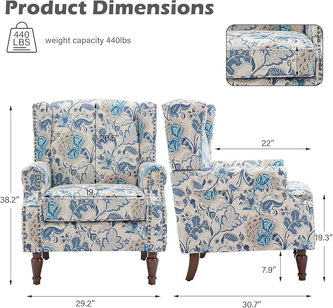 UIXE High Back Floral Accent Chair, Fabric Upholstered Armchair for Living Room, Retro Printed Wingback Arm Chair Nailhead Trim Single Sofa Bedroom Reading Seat - Boho Blue