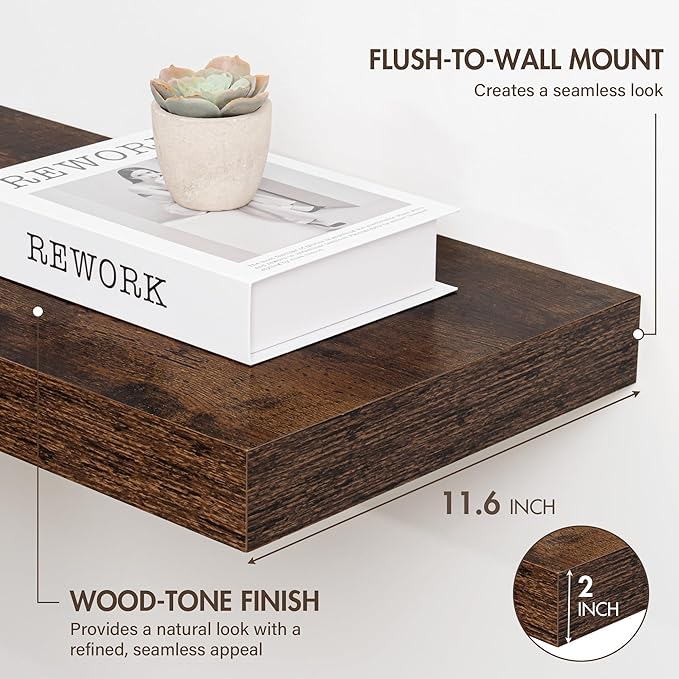 72 Inch Floating Shelves, 12" Deep Floating Shelf Wall Mounted, 72" Wall Shelves, Rustic Deep Bookshelf, Extra Deeper & Thicker Display Shelves for Bedroom, Living Room, Brown, Set of 1