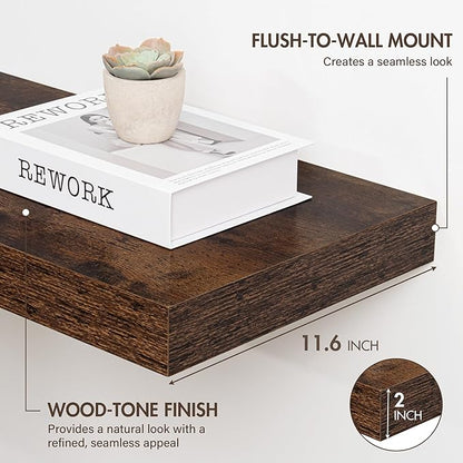 72 Inch Floating Shelves, 12" Deep Floating Shelf Wall Mounted, 72" Wall Shelves, Rustic Deep Bookshelf, Extra Deeper & Thicker Display Shelves for Bedroom, Living Room, Brown, Set of 1