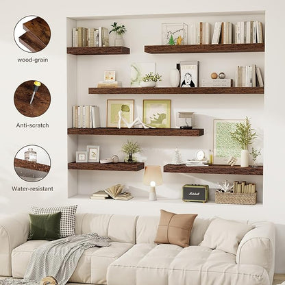 72 Inch Floating Shelves, 12" Deep Floating Shelf Wall Mounted, 72" Wall Shelves, Rustic Deep Bookshelf, Extra Deeper & Thicker Display Shelves for Bedroom, Living Room, Brown, Set of 1