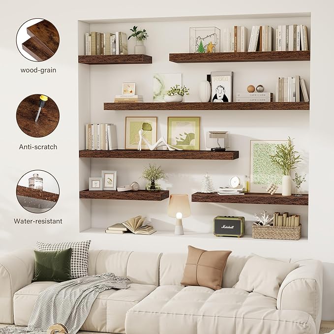 12 Inch Floating Shelves, 12" Deep Floating Shelf Wall Mounted, 12" Wall Shelves, Rustic Deep Bookshelf, Extra Deeper Display Shelves & Storage Shelves for Bedroom, Living Room, Set of 3