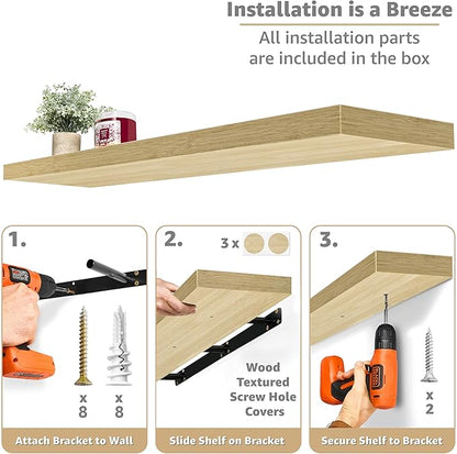 Sorbus Floating Shelves for Wall - 48 Inch Long Bathroom Shelves, Wall Decor for Bedroom, Kitchen, Living Room & Book Storage - Mounted Floating Shelf with Invisible Brackets (Maple Wood, 3 Pack)