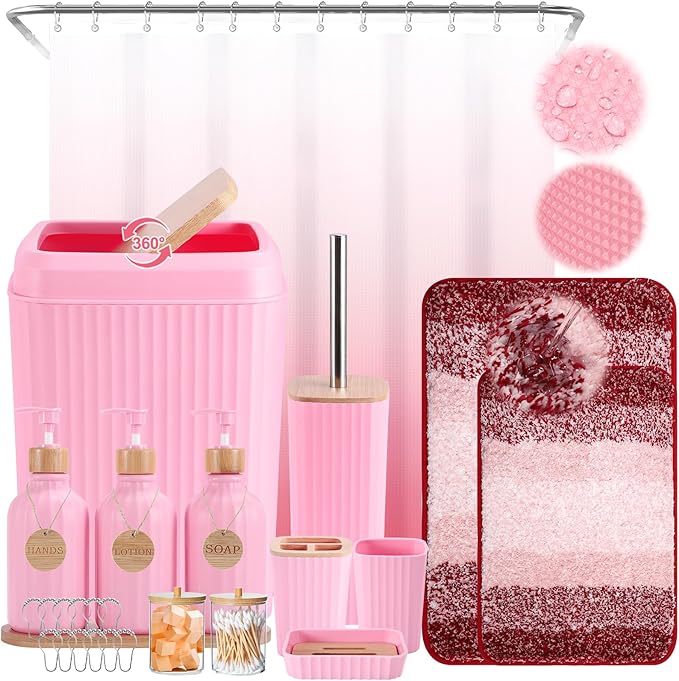 32PCS Pink Bathroom Accessories Set with Shower Curtain,Rugs,3PCS Lotion Soap Dispenser,6PCS Wood Tags Bath Accessories with Tray for Bathroom