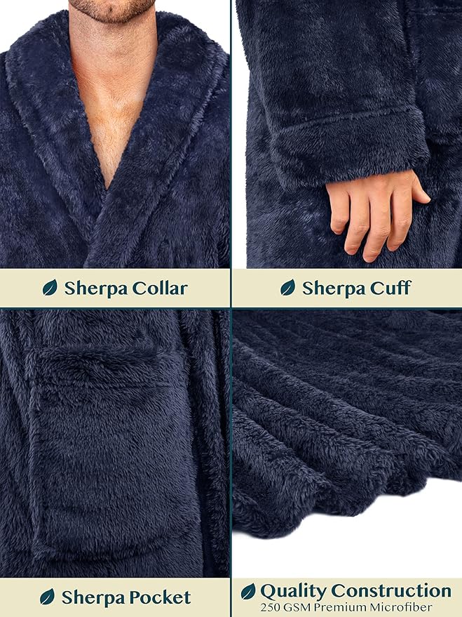 PAVILIA Mens Soft Robe, Plush Fluffy Fleece Bathrobe Men, Long Sherpa Shaggy Spa Robe