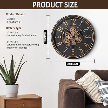 Maxstar Large Moving Gear Wall Clock,20" Vintage Mechanical Battery Operated Industrial Wall Clocks for Farmhouse Living Room,Home Office, Dinning Room, Kitchen, Steampunk Decor-Gold,Arab Numeral
