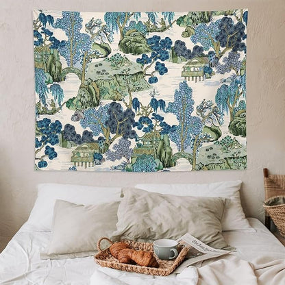Chinoiserie Tapestry,Asian Watercolor Abstract Art Tapestry,Asian Japanese Wall Tapestry, Nature Landscape Tapestries for Bedroom Living Room Decor 80"x60"