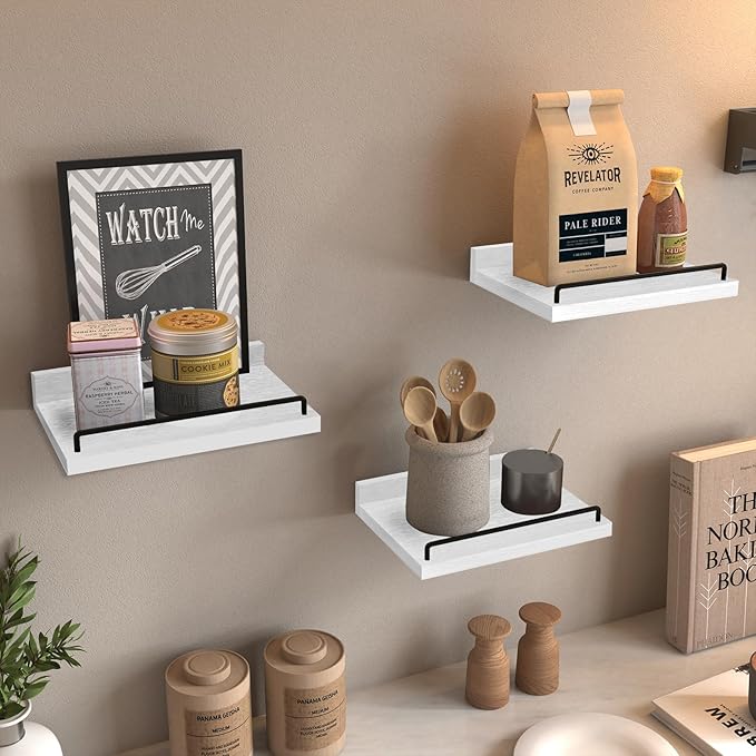 Small Floating Shelf, 6X9 Inches Farmhouse Wall Shelves for Living Room, Bedroom, Picture Frames, Plants, Kitchen, Set of 3 (White and Black)