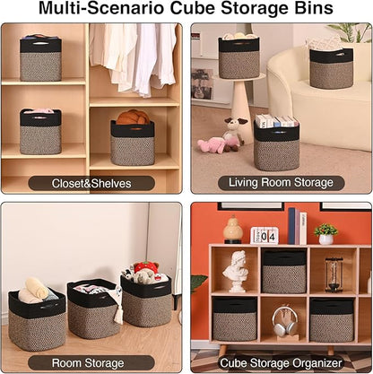 11 Inch Cube Storage Bins, Storage Cube Organizer Bins, Woven Cotton Rope Baskets for Storage, Storage Basket for Organizing Shelves, Square Baskets for Toys Nursery, Black & Jute (Pack of 3)