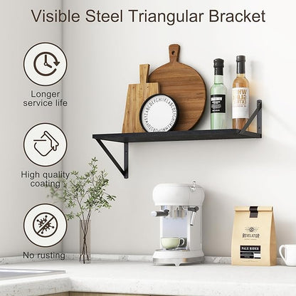 Deep Black Floating Shelves for Wall, 24"W x 10"D Wall Shelves Set of 2, 10 Inch Deep Floating Shelf with Brackets, Wide Display & Storage Shelves for Books, Living Room, Kitchen, Bathroom