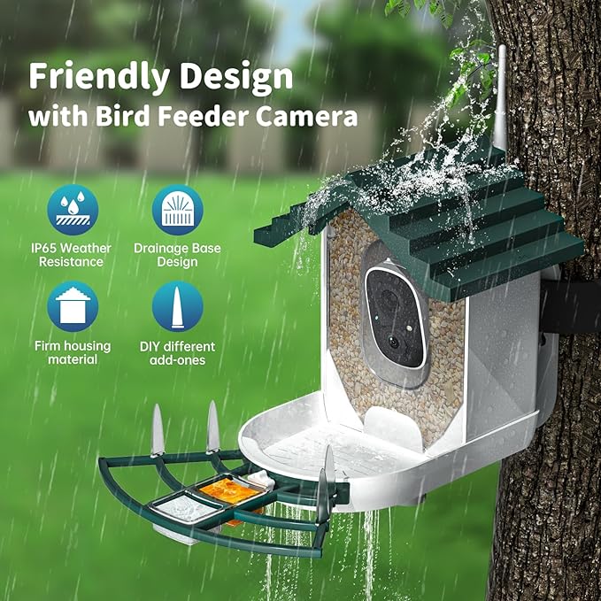 Smart Bird Feeder with Camera Solar Powered & AI Bi rd Identification, 2.4Ghz WiFi Bird feeders for Outdoors, 2K Live Video, Nstant Arrival Alerts - Best Gifts for Bi rd Lovers - Green