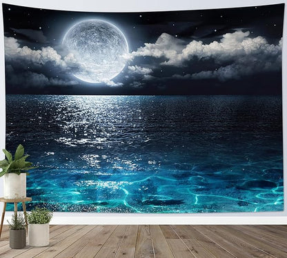 LB Moon Over Ocean Tapestry, Night Sky Tapestry Wall Hanging, 3D Fantasy Psychedelic Watercolor Wall Art for Bedroom Living Room Dorm Home Decor, 60 x 40 Inches