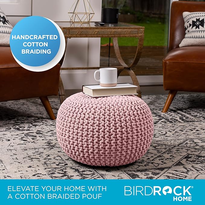 BIRDROCK HOME Round Pouf Ottoman | Cotton Braided Foot Stool with Bean Bag Filling | Boho Foot Rest for Living Room & Bedroom | Compact & Comfortable Seating, Lightweight & Soft | Dusty Rose