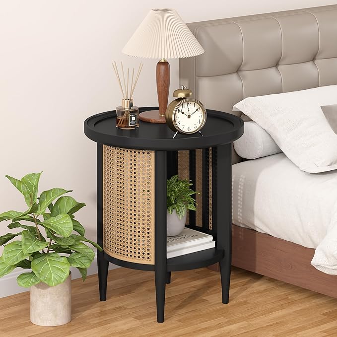 Yusong Round End Table Rattan Side Table with Solid Wood Legs, Boho Style Nightstand Bedside Table with 2-Tier Shelves, Small Coffee Table for Living Room Bedroom Small Spaces Black