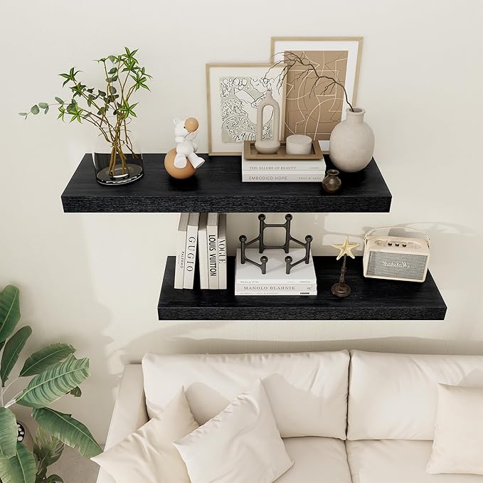 Black Floating Shelves 36 Inch Long, 12 Inch Deep Floating Shelves for Wall, 36 x 12 Shelves for Wall Storage & Display, 2" Thick Floating Shelf for Bathroom, Living Room, Bedroom, Set of 2