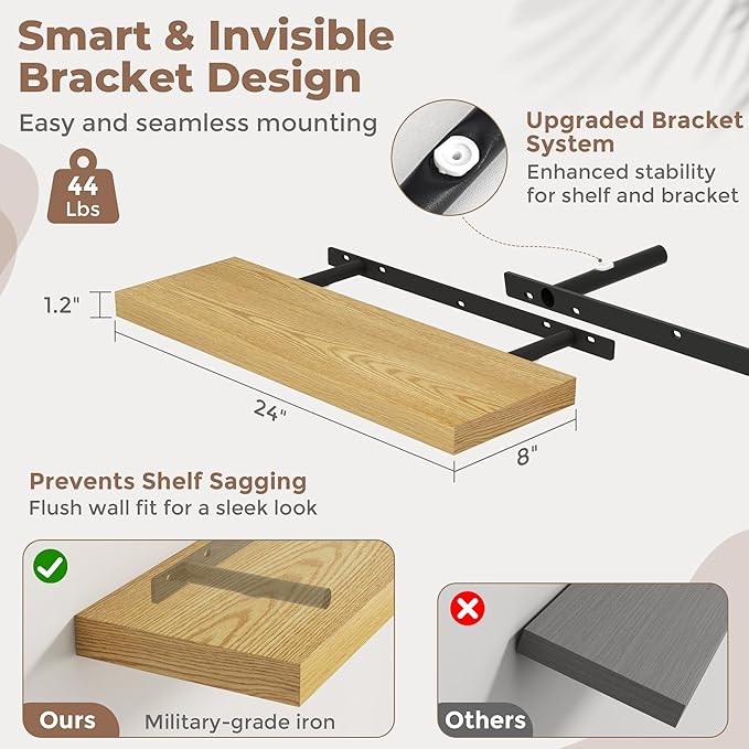 24 Inch Floating Shelves for Wall Set of 2, 8"D Wood Grain Bathroom Shelves with Invisible Brackets, Easy Install Engineered Wood Storage Shelves for Kitchen, Living Room, Bedroom, Oak Finish