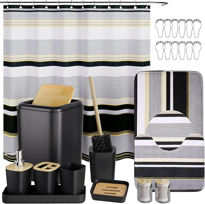24PCS Bathroom Sets with Shower Curtain and Rugs,Black Bathroom Accessories Set Waterproof White and Gold Shower Curtain Set,Black and White Bathroom Accessories