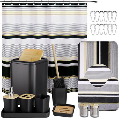 24PCS Bathroom Sets with Shower Curtain and Rugs,Black Bathroom Accessories Set Waterproof White and Gold Shower Curtain Set,Black and White Bathroom Accessories