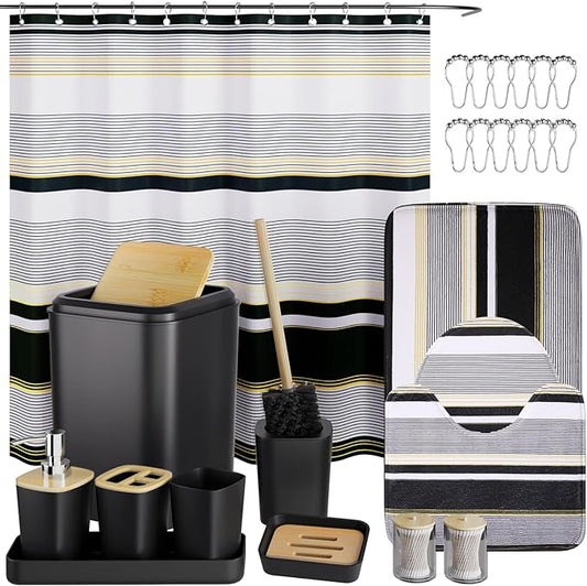 24PCS Bathroom Sets with Shower Curtain and Rugs,Black Bathroom Accessories Set Waterproof White and Gold Shower Curtain Set,Black and White Bathroom Accessories