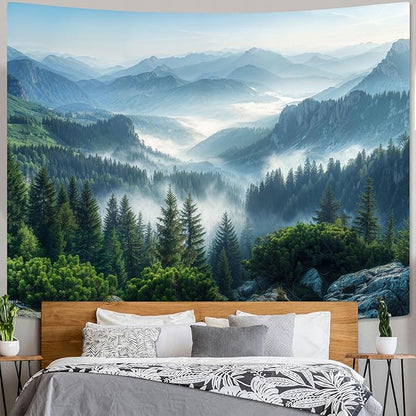 AMM Nature Forest Mountain Tapestry Green Misty Pine Tree Tapestry for Bedroom Aesthetic Foggy Woodlands Sky Landscape Tapestries Wall Hanging for Living Room Dorm 60 x 44 Inch