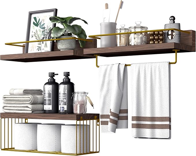 Bathroom Shelves Over Toilet for Wall, Floating Shelves with Storage Basket Paper Holer for Kitchen Living Room, Bedroom & Classroom, Set of 3 (Brown and Gold)