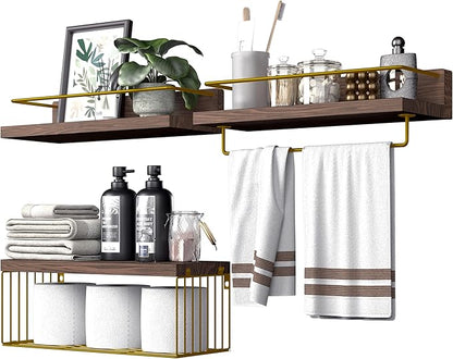 Bathroom Shelves Over Toilet for Wall, Floating Shelves with Storage Basket Paper Holer for Kitchen Living Room, Bedroom & Classroom, Set of 3 (Brown and Gold)