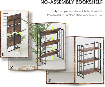 4NM No Assembly 3 Tiers Folding Bookshelf, 35" H Foldable Storage Shelves Vintage Bookcase Standing Racks Study Organizer Home Office - Rustic Brown Black