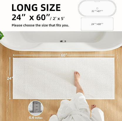 Bathroom Runner Rug, Long Bath Mat Washable Thin Quick Dry Low Pile Bathroom Runner Rugs 24 x 60 Non Slip, White 24"x60"