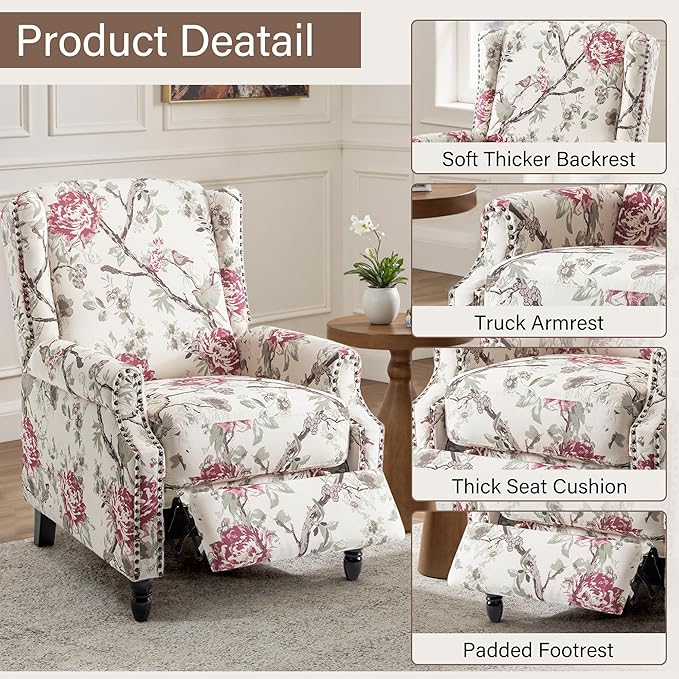 UIXE Pushback Recliner Chair, Fabric Upholstered Armchair Push Back Accent Chair for Living Room, Rivet Trim Home Theater Single Sofa Bedroom Reading Seat with Footrest - Beige Floral