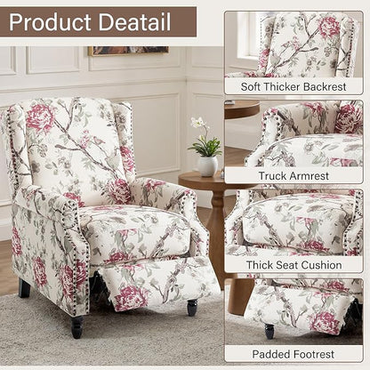 UIXE Pushback Recliner Chair, Fabric Upholstered Armchair Push Back Accent Chair for Living Room, Rivet Trim Home Theater Single Sofa Bedroom Reading Seat with Footrest - Beige Floral