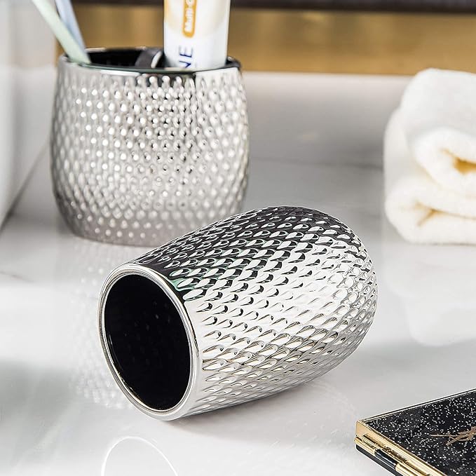 Silver Bathroom Accessory Set 4 Piece Ceramic Bath Accessories Sets Complete, Rain- Drop Shaped Bathroom Essential with Toothbrush Holder & Dish, Tumbler, Soap Dispenser Set for Bath Decor