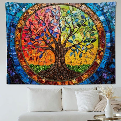 keowhsf Tree of Life Tapestry Wall Hanging – Colorful Stained Glass Look Wall Art with Fantasy Aesthetic, Large Tapestry for Bedroom, Living Room, Home Decor