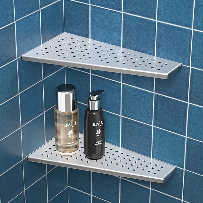 Corner Shower Shelf 2PCS, Trapezoid Shaped Bathroom Shelves 12'' for Tiled Wall, 304 Stainless Steel Grout in Shelf, No Drilling Needed (Silver)